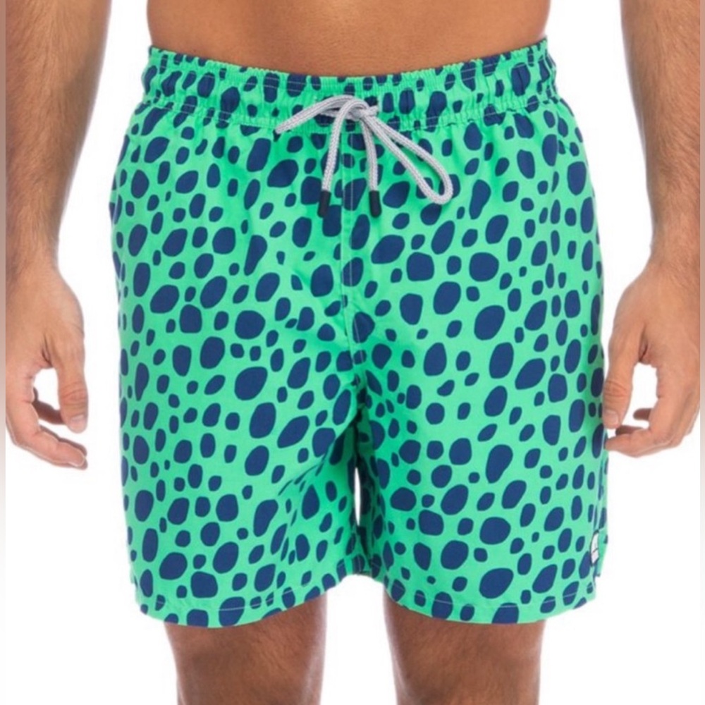 Tom & Teddy Men’s Green Blue Spot Swim Trunks Large Mesh Lined Fun Colorful Pool